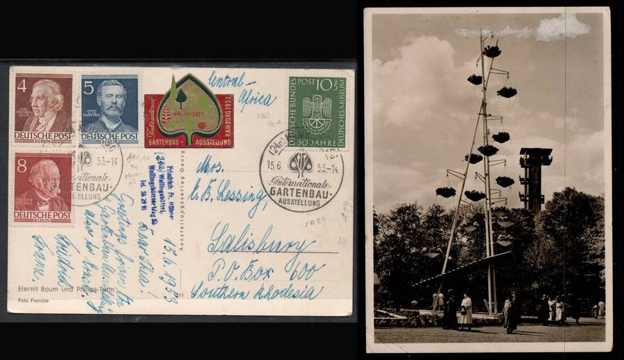 Germany, ppc, Franked Museum 10+5ph, HAMBURG 15.6.53 GARTENBAU special c.d.s.  > S.Rhodesia