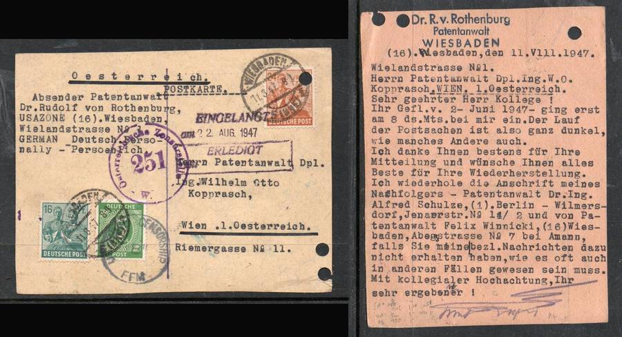 Germany Allied Zone card 45pf>Wien  WIESBADEN 11.8.47 cds, Censor FMM, Austrian Censor 251