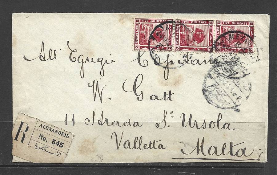 Egypt, 1921, 15 mills, registered envelope, ALEXANDRIA > MALTA