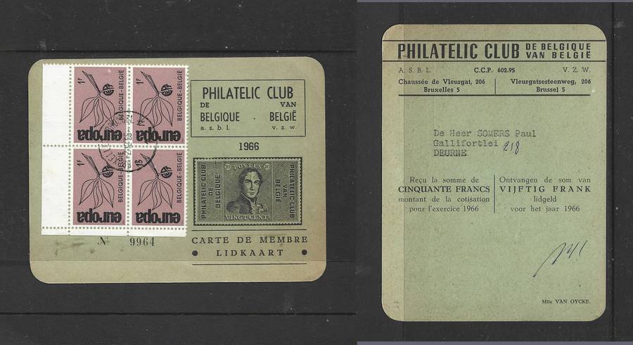 Belgium, Philatelic Club card No 9964, 1966, Europa 1F (x4) BRUXELLES2.12.65 c.d.s > Deurne