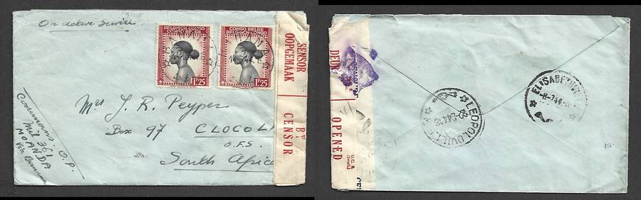 Belgian Congo, O.A.S cover > S.Africa, BANANA  14.6.44cds, ELIZABETHVILLE, LEOPOLDVILLE transits,