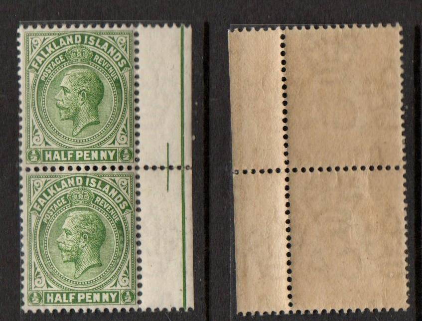 Falkland Islands, 1912, GVR, 1/2d yellow green,  perf13.5 x 14, vertical pair, MH *