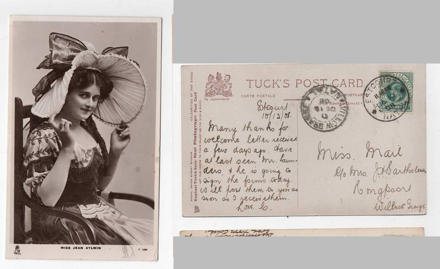 Photo postcard Miss Jean Aylwin, 1/2d, ESCOURT NATAL DE 10 08 cds > WILLOW GRANGE NATAL