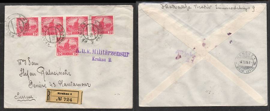 Austria in Poland, Registered KRAKAU 3 VIII 15cds> GENEVE, K.u.k. Militarzensur (Austrian Censor)