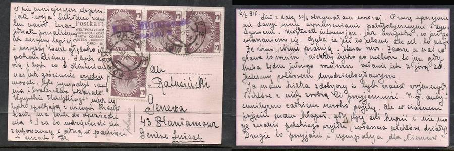 Austria in Poland, card 18h, KRAKAU 5 VII 15cds>Geneva, Switzerland K.u.k. Militarzensur KRAKAU 2