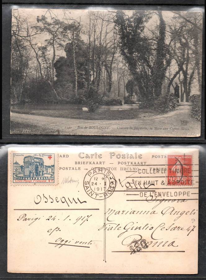 France, PPC Bois de Boulogne used 10c, PARIS 224 I 1917 cds, vignette for French Red Cross