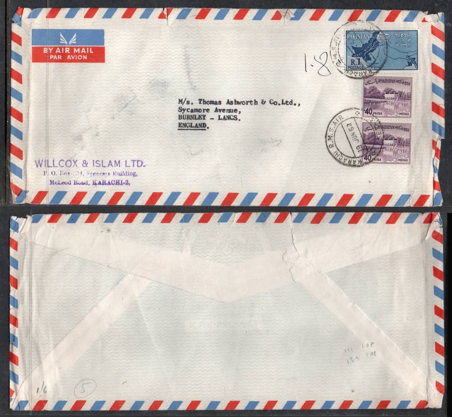 Pakistan, air mail > U.K., 1 Rupee 80 paisa , KARACHI R.M.S.AIR 19 JUN 62 cds
