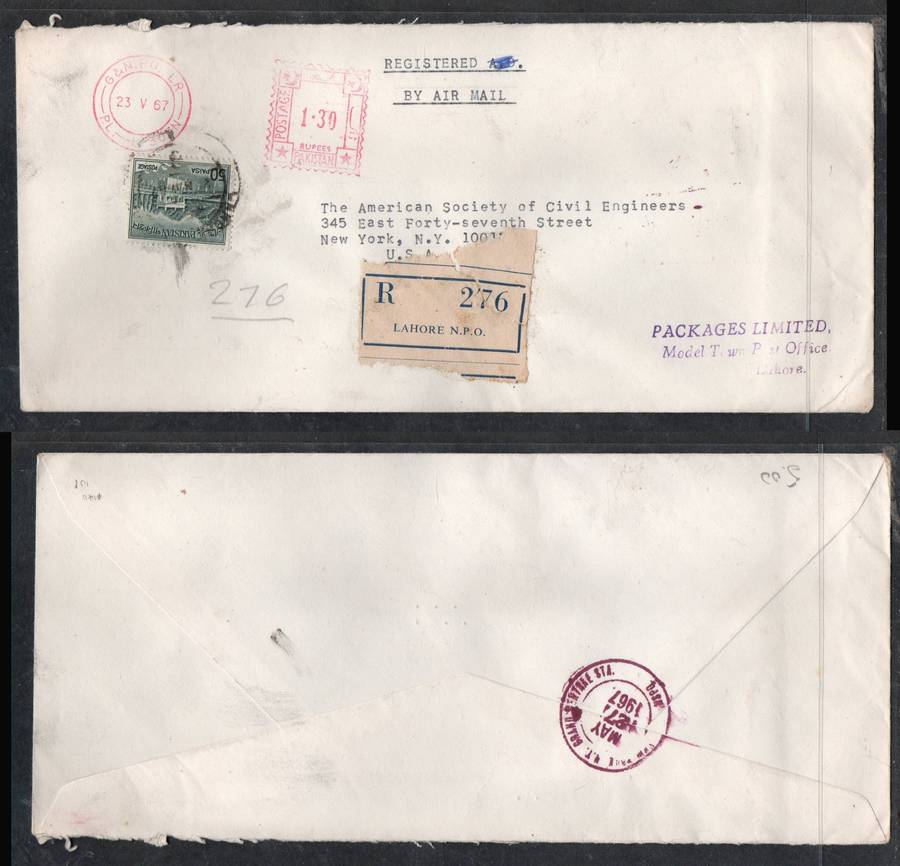 Pakistan, 1967 registered air mail > U.S.A., 1 Rupee 30 paisa  meter frank & 50p adhesive