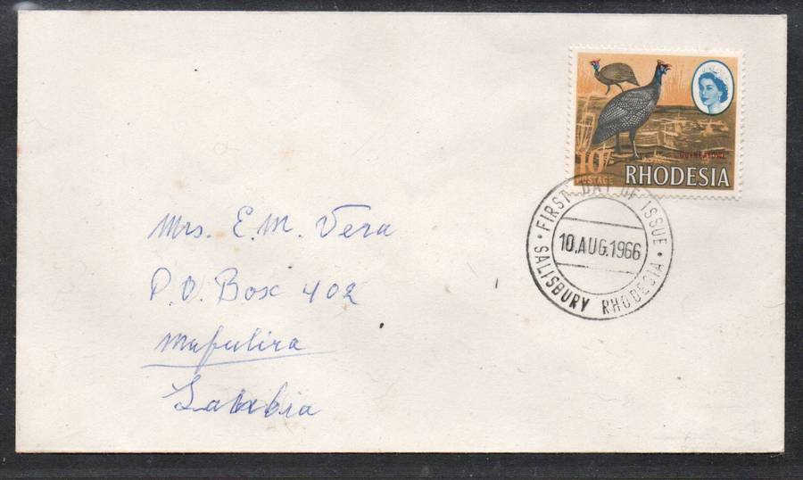 Rhodesia EIIR, 10/- guinea fowl definitive, FIRST DAY OF ISSUE SALISBURY 10 AUG 1966