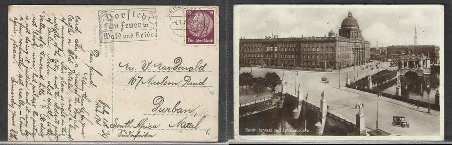 Germany. PPC Berlin castle and bridge, 15pf BERLIN 4.7.39 cds& Dorficht mit feuer in wald und heide