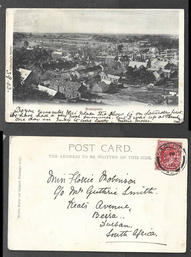 England, postcard, used 1d, Brampton, CARLISLE SP3 03 cds > Natal