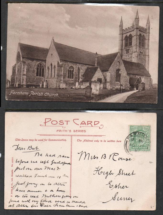 England, Surrey, PPC, Farnham Parish Church used, 1/2d,  FARNHAM AUG 17 11 cds > Esher