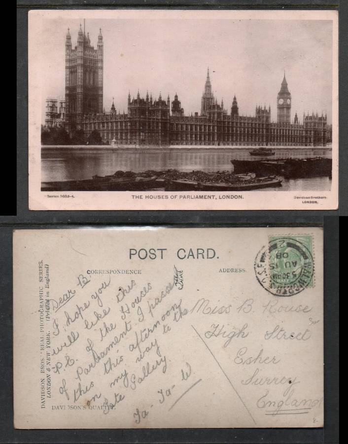 England, PPC, Houses of Parliament London used 1/2d, WALWORTH S.O. S.E. AU 15 08 cds >Esher