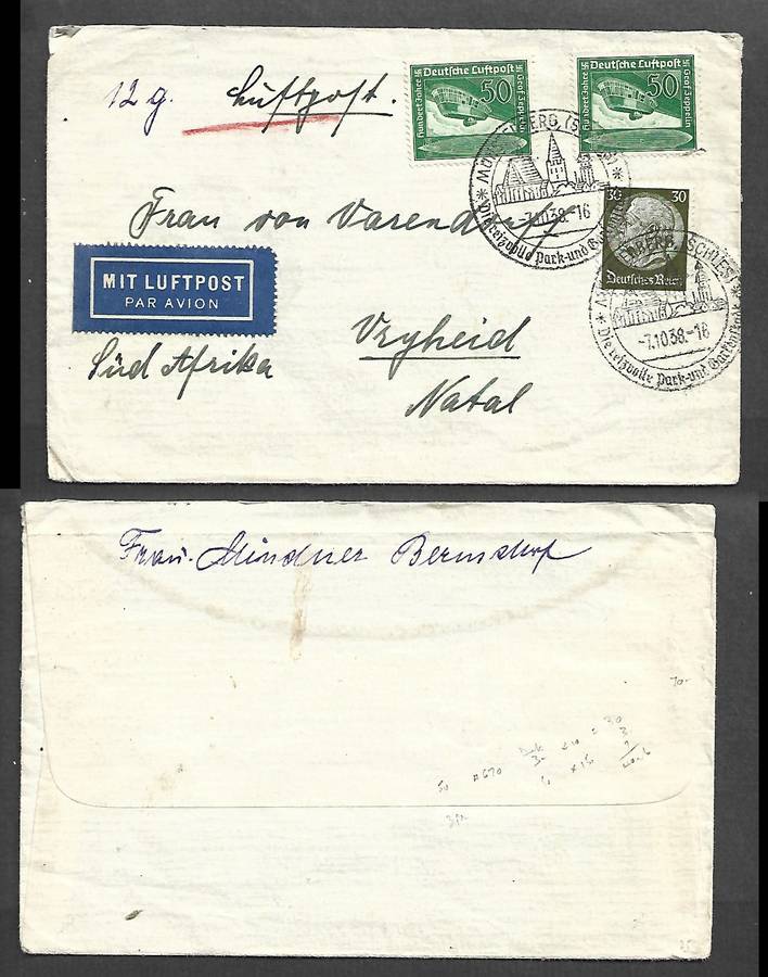 Germany, Reich, 1Mk 30pf, airmail, MUNSTERBERG (SCHLEIS) 7.10.38 cds >Vryheid, Natal
