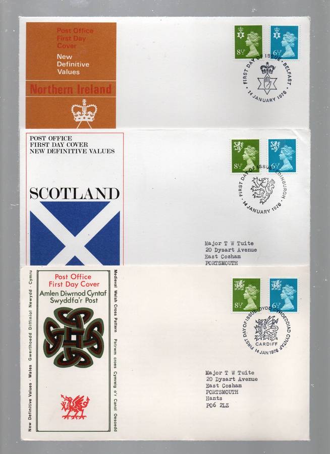 Great Britain, 1976, new values 6 1/2p, 8 1/2p, FDCs for Northern Ireland, Scotland, Wales.