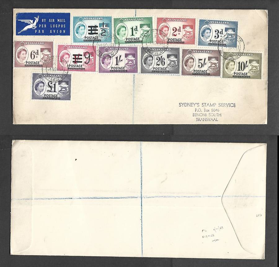 Nyasaland EIIR, revenue stamps opt POSTAGE. 1/2d - £1, Plain FDC. BLANTYRE 1 NOV 63 cds > Benoni.