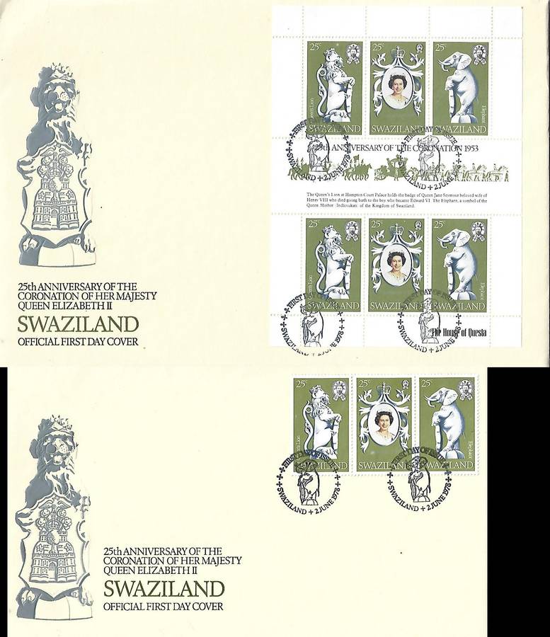 Swaziland 2 x FDC, EIIR  25th Anniversary of Coronation, strip of 3 & Miniature Sheet