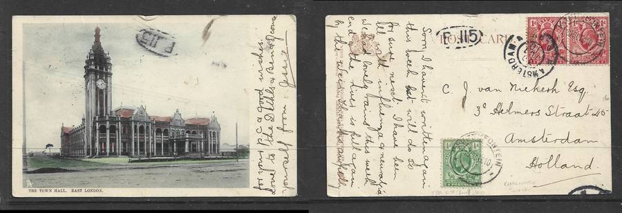 Town Hall, E. London PPC, used O.R.C. 2 1/2d, KOFFYFONTEIN 10 OC 10 > AMSTERDAM 30 OCT 10