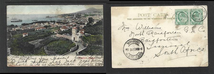 South Africa, PPC Funchal Madeira, used 1/2d CAPE COLONY OCEAN POST OFFICE 23 AP 07 > RANDFONTEIN