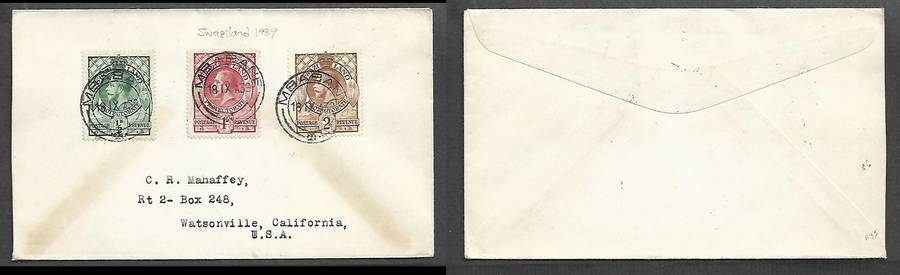 Swaziland GVR 1/2d, 1d, 2d cover MBABANE 18 IX 39 cds > USA
