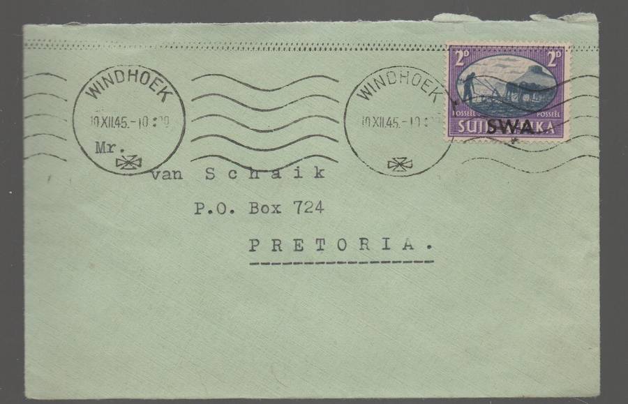 South West Africa GVIR Peace 2d,  WINDHOEK 19 XII 45 cds > Pretoria