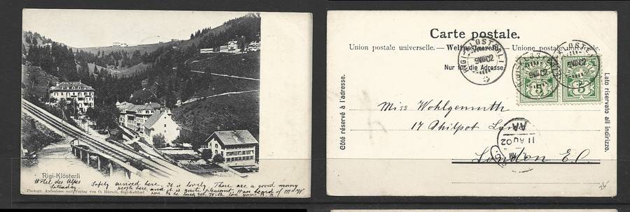 Rigi Klosterli PPC, 10c, RIGI-KLOSTERLI 9 VIII 02 cds > LONDON E.C. 7AM 11 AU 02 AA, hooded c.d.s.