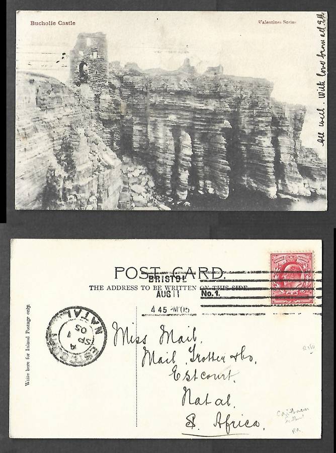 Scotland Postcard, Bucholie Castle  used 1d, BRISTOL No1 AUG 11 05 > ESTCOURT NATAL