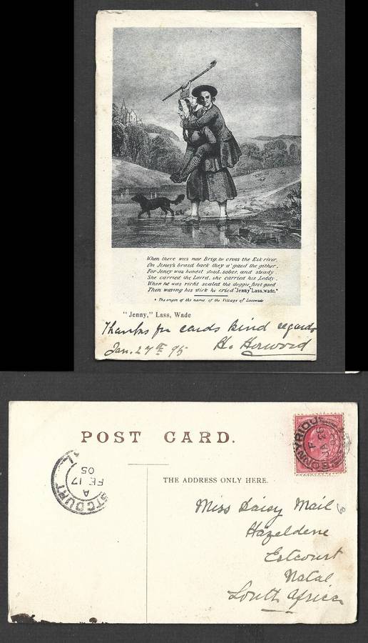 Scotland, "Jenny", Lass, Wade used 1d, BONNYRIGG-444- JA 26 05 cds > ESTCOURT NATAL
