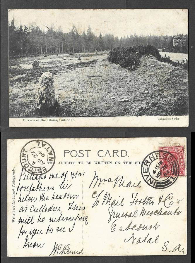 Scotland, post card Graves of the Clans Culloden used 1d, INVERNESS-1-MR 28 04 cds, > ESTCOURT NATAL