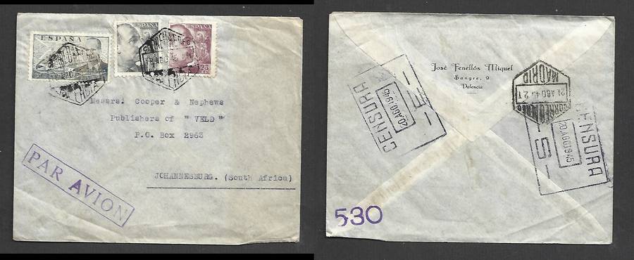 Spain air mail 1P65, VALENCIA 18 AGO 45 ds, CENSURA 20 AGO 1945 h/s, MADRID 21 AGO 45 ds, >S.Africa