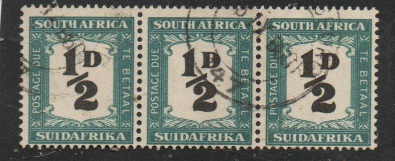 South Africa 1948, 1/2D postage due (SUIDAFRIKA), strip of three, used
