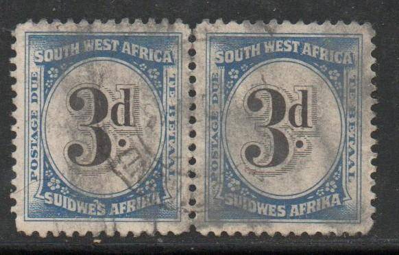 South West Africa 1931, 3d postage due, pair, perf 12, c.d.s. used
