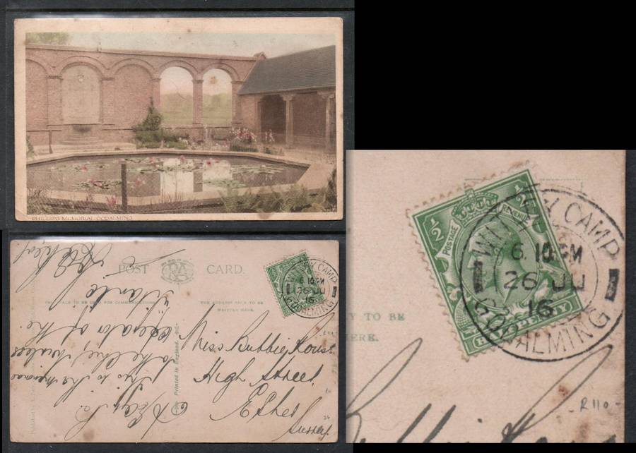 England, Surrey, PPC, used, 1/2d, WITLEY CAMP GODALMING 26 JU 16 cds > Esher