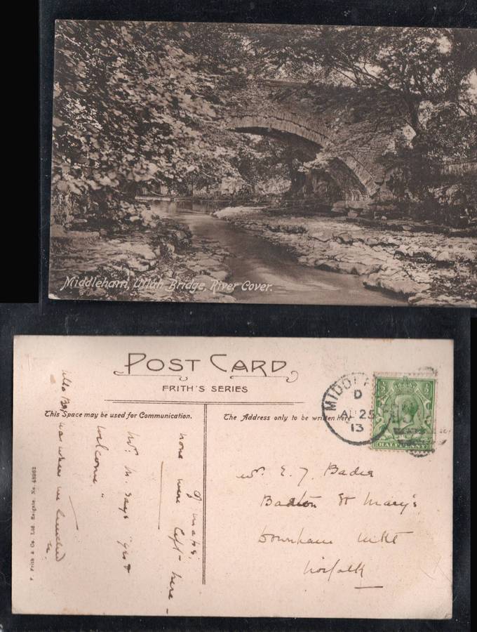 England, Middleham, Ullah bridge, River Cover, used 1/2d MIDDLHAM AU 25 13 duplex cancellation