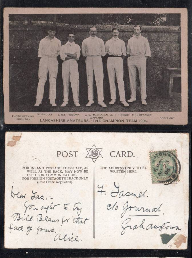 Cricket, postcard, Lancashire Amateurs, Champion Team 1904, used 1/2d. Cape Colony 1906