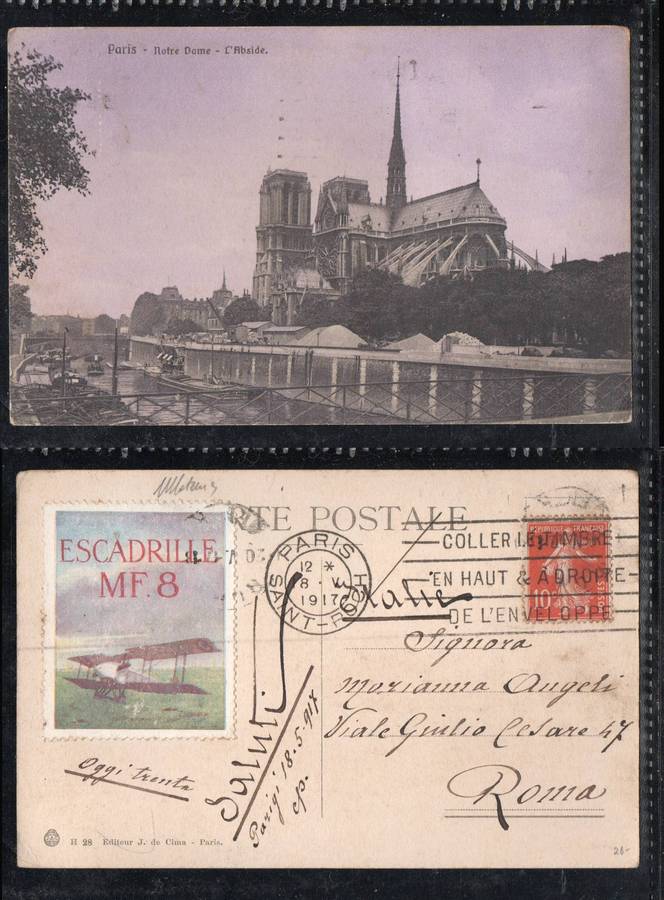 France, Notre Dame, Paris, 10c, PARIS SAINT-ROCHE 18 V 1917 > ROMA , Escadrille MF8 label