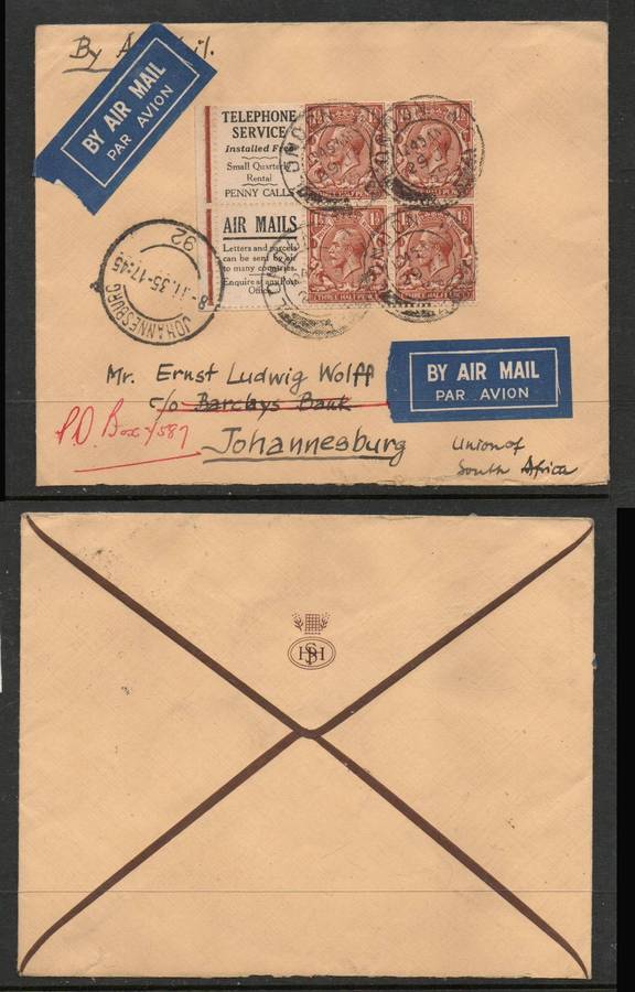 Great Britain, GVR, 1924, 1 1/2d  booklet pane, on cover LONDON 29 JA 35 cds>JOHANNESBURG