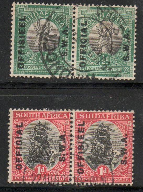 South West Africa 1929, 1/2d,1d of S.Africa pairs opt OFFICIAL OFFISEEL S.W.A., used