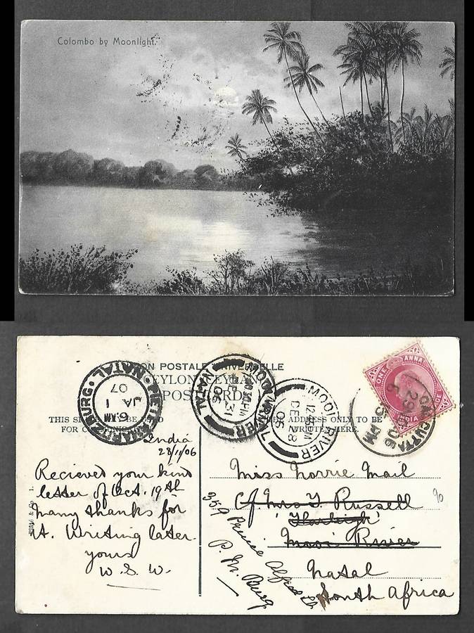 Colombo by Moonlight, India 1a,  CALCUTTA 29 NO 06> MOOI RIVER NATAL, redirected > PIETERMARITZBURG