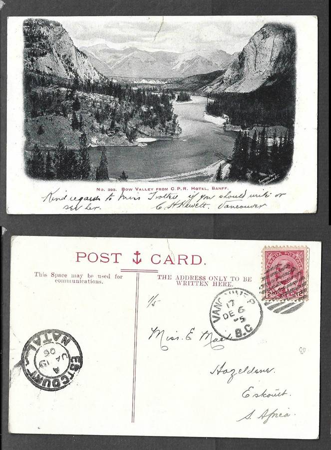 Canada Bow Valley CPR Hotel, Banff, used 2c VANCOUVER-17- DE 6 O5  cds > ESTCOURT NATAL JA 19 06
