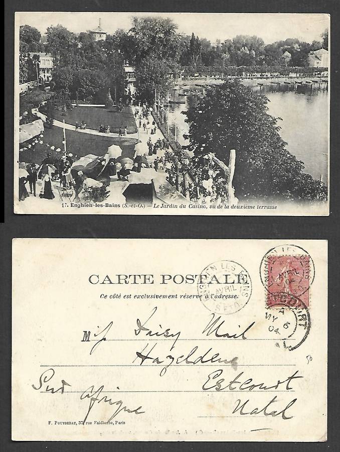 France, garden & casino, used 10c, ENGHIEN-LES-BAINS ?? AVRIL 04 cds > ESTCOURT NATAL MY 6 04