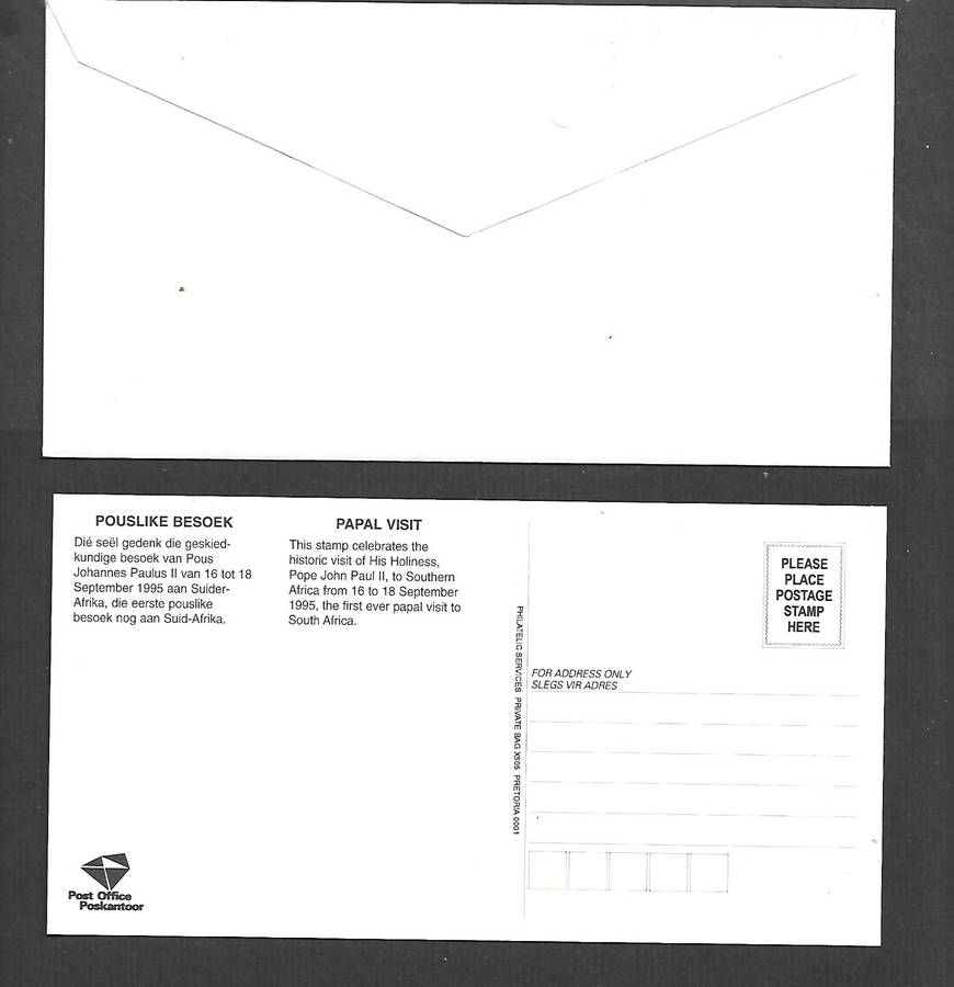 S Africa papal Visit FDC & insert post card, PAPAL VISIT 16 -18-09-1995