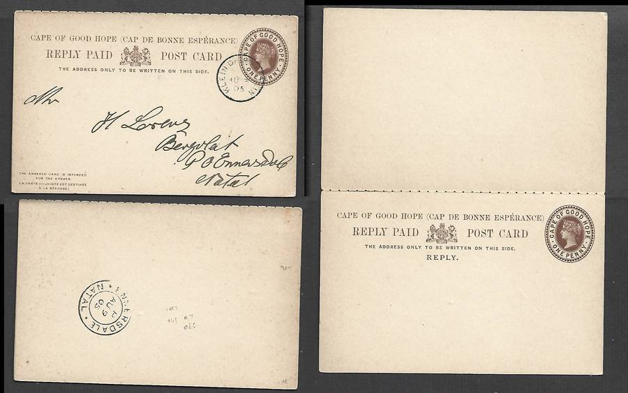 CoGH,  1d, reply cards KLEIN DRAKENSTEIN AU 3 05 cds > ENNERSDALE NATASL AU 9 05 cds