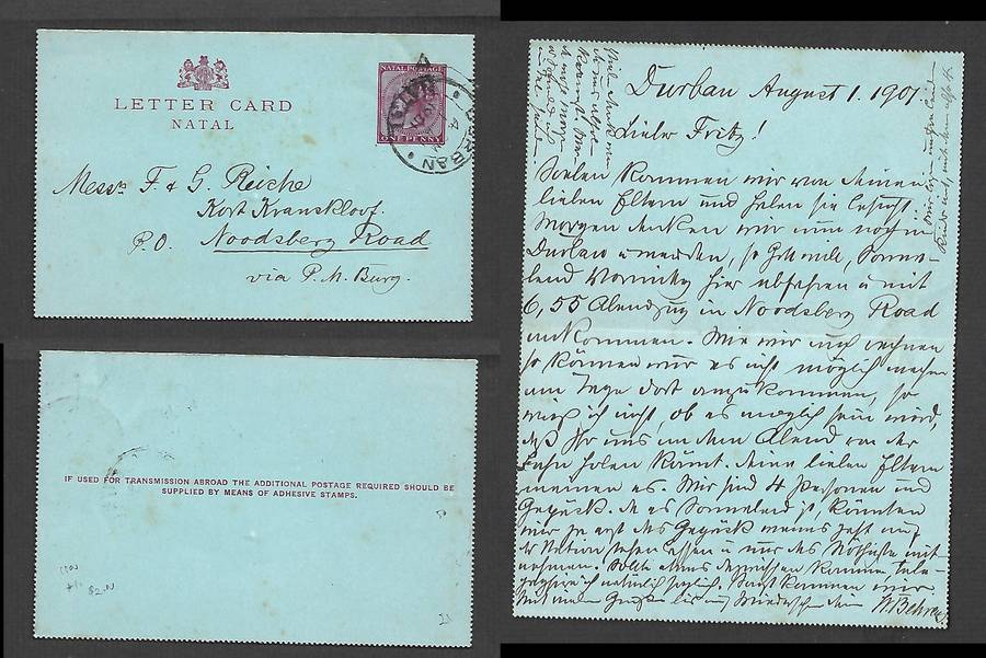 Natal 1d letter card 1900, used DURBAN 1 AU 1901 cds > Noodsburg Road via P.M.Burg