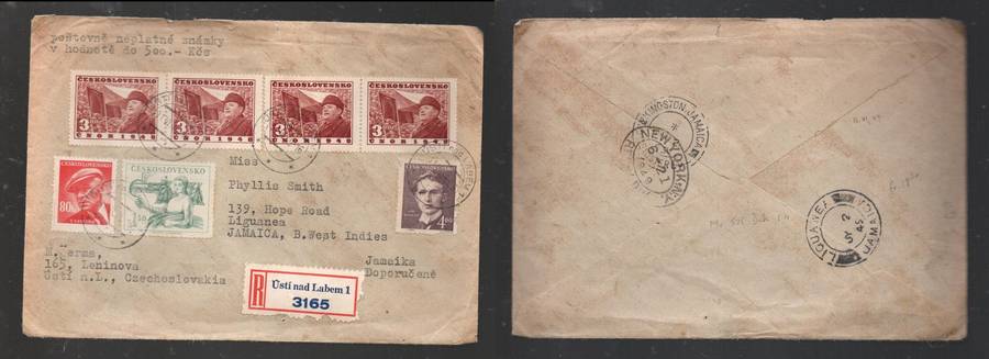 CZECHOSLOVAKIA cover registered USTI NAD LABEM 111 VII 49cds>LIGUANEA JAMAICA, NEW YORK&KINGSTON tr