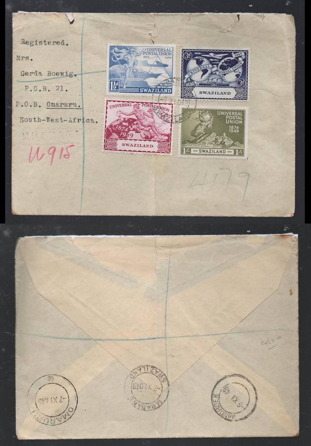 Swaziland cover U.P.U. set, registered MBABANE 2 XI 49 cds > OMARURU (swa), WINDHOEK transit