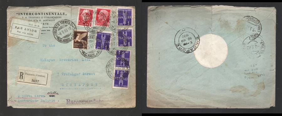 Italy, 8L25, registered air mail, TRIESTE CENTRO 8.3.33cds>SINGAPORE, ROMA transit, perfins