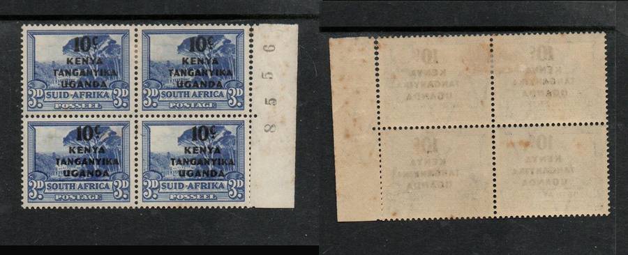 Kenya Uganda Tanganyika, 1941, 10c overprint on 3d of S. Africa, MH*, block,  sheet number