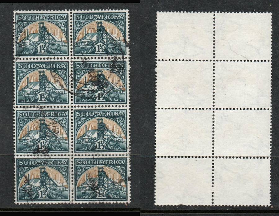 South Africa, 1941, 1 1/2d gold mine, medium size, block of 4 pairs, cds used