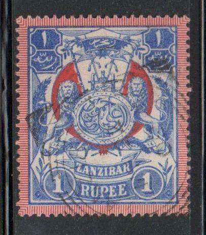 Zanzibar,1904, 1 Rupee, blue & red, arms, sq. cds used